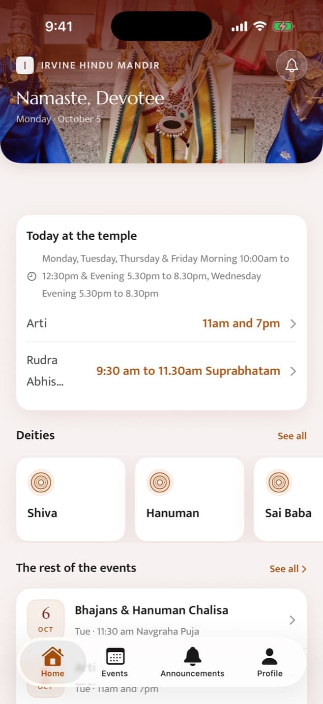 Mandir Temple App home screen